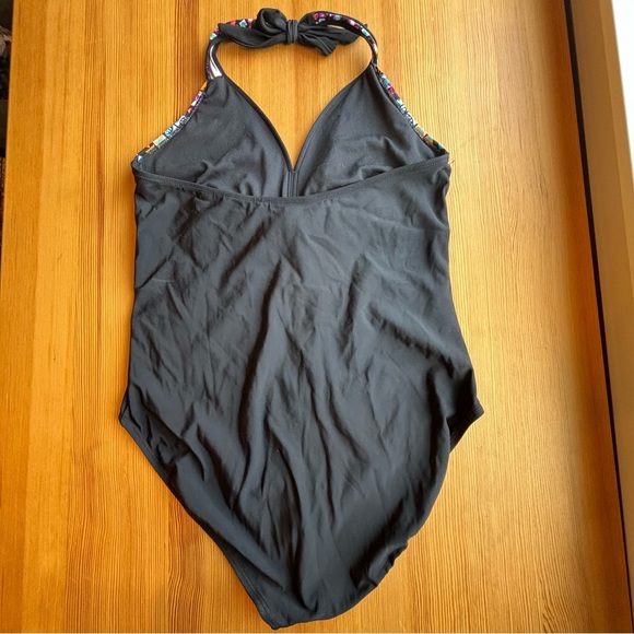 Aqua Green XL black geometric print tie neck one piece halter swimsuit - Picture 9 of 12